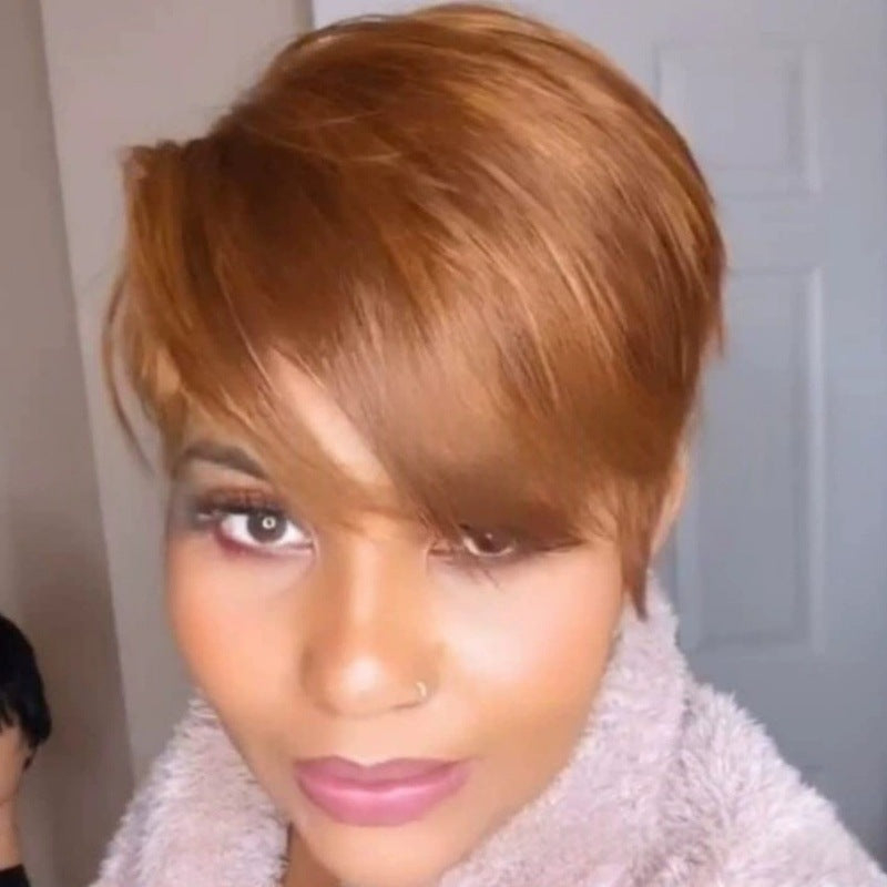 Short curly hair with slanted bangs