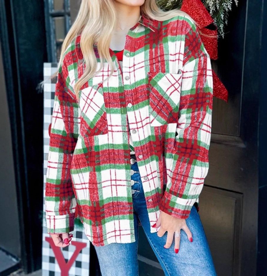 Plaid Woolen Jacket Shirt Christmas Style