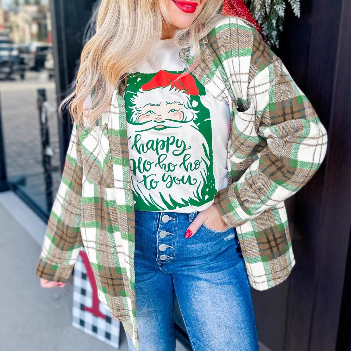 Plaid Woolen Jacket Shirt Christmas Style
