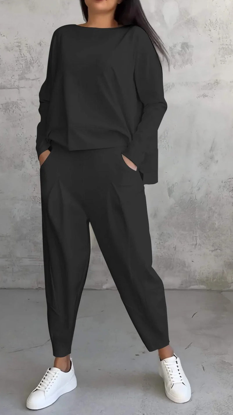 Solid Color Crewneck Long Sleeve Suit
