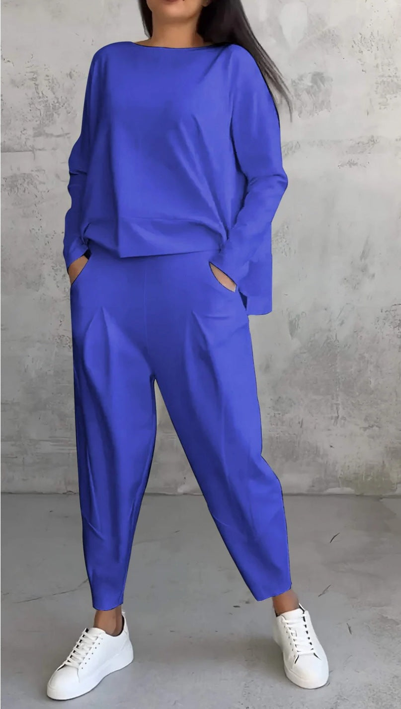 Solid Color Crewneck Long Sleeve Suit