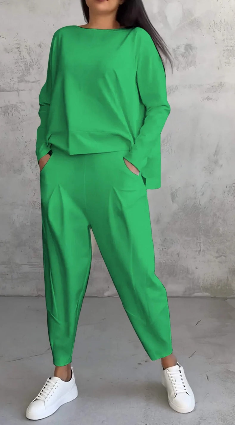 Solid Color Crewneck Long Sleeve Suit