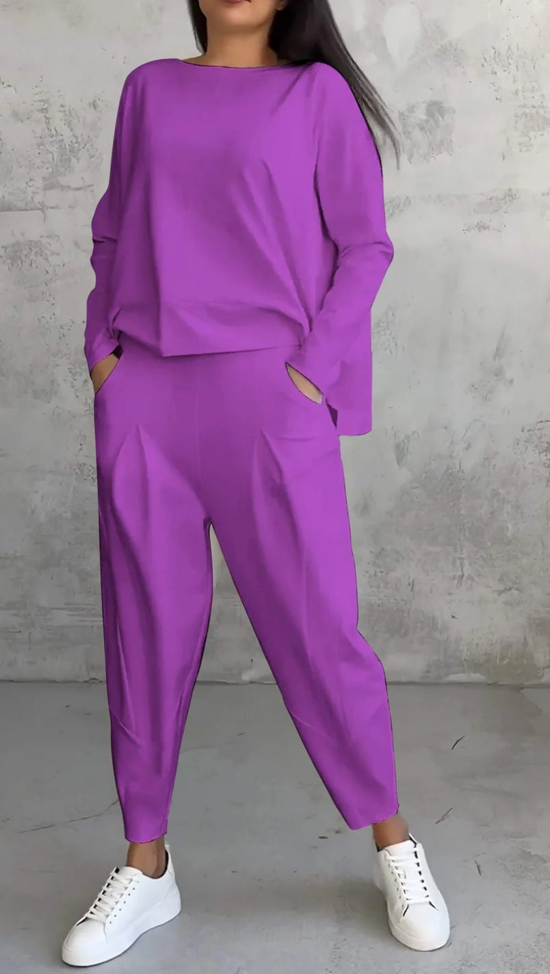 Solid Color Crewneck Long Sleeve Suit