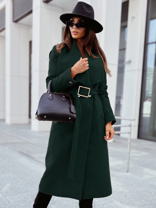 Long-Sleeve Buttoned Woolen Coat