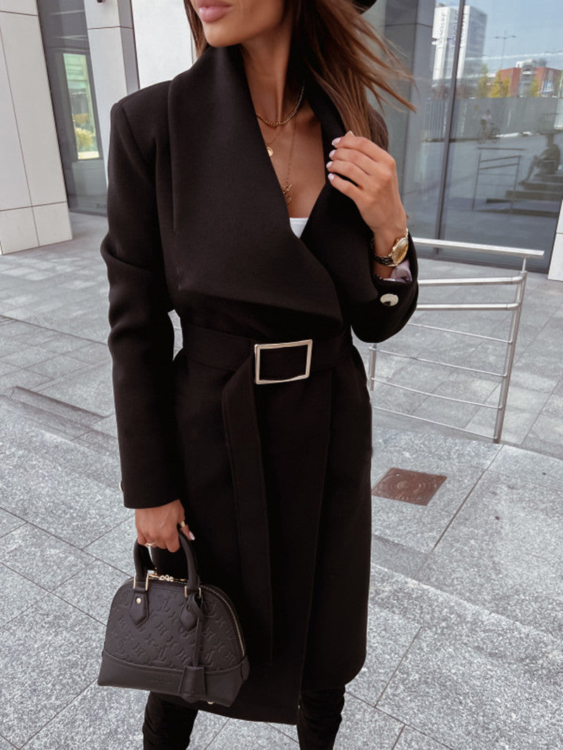 Long-Sleeve Buttoned Woolen Coat