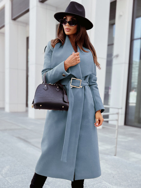 Long-Sleeve Buttoned Woolen Coat