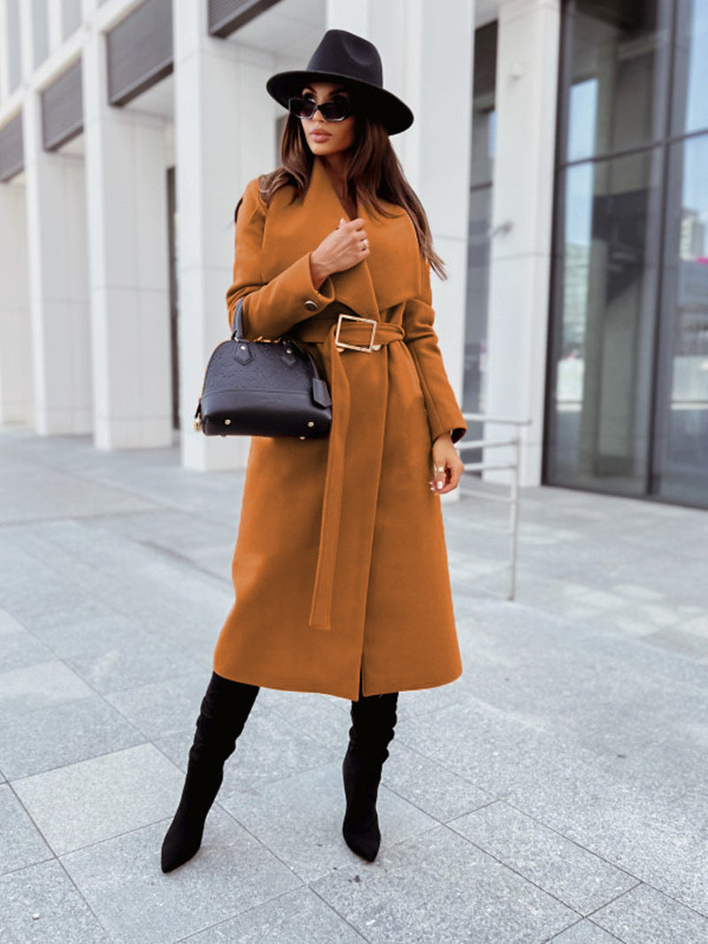 Long-Sleeve Buttoned Woolen Coat