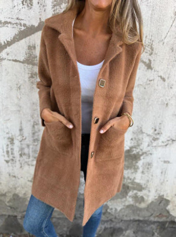 Women's Solid Color Lapel Mid-length Coat