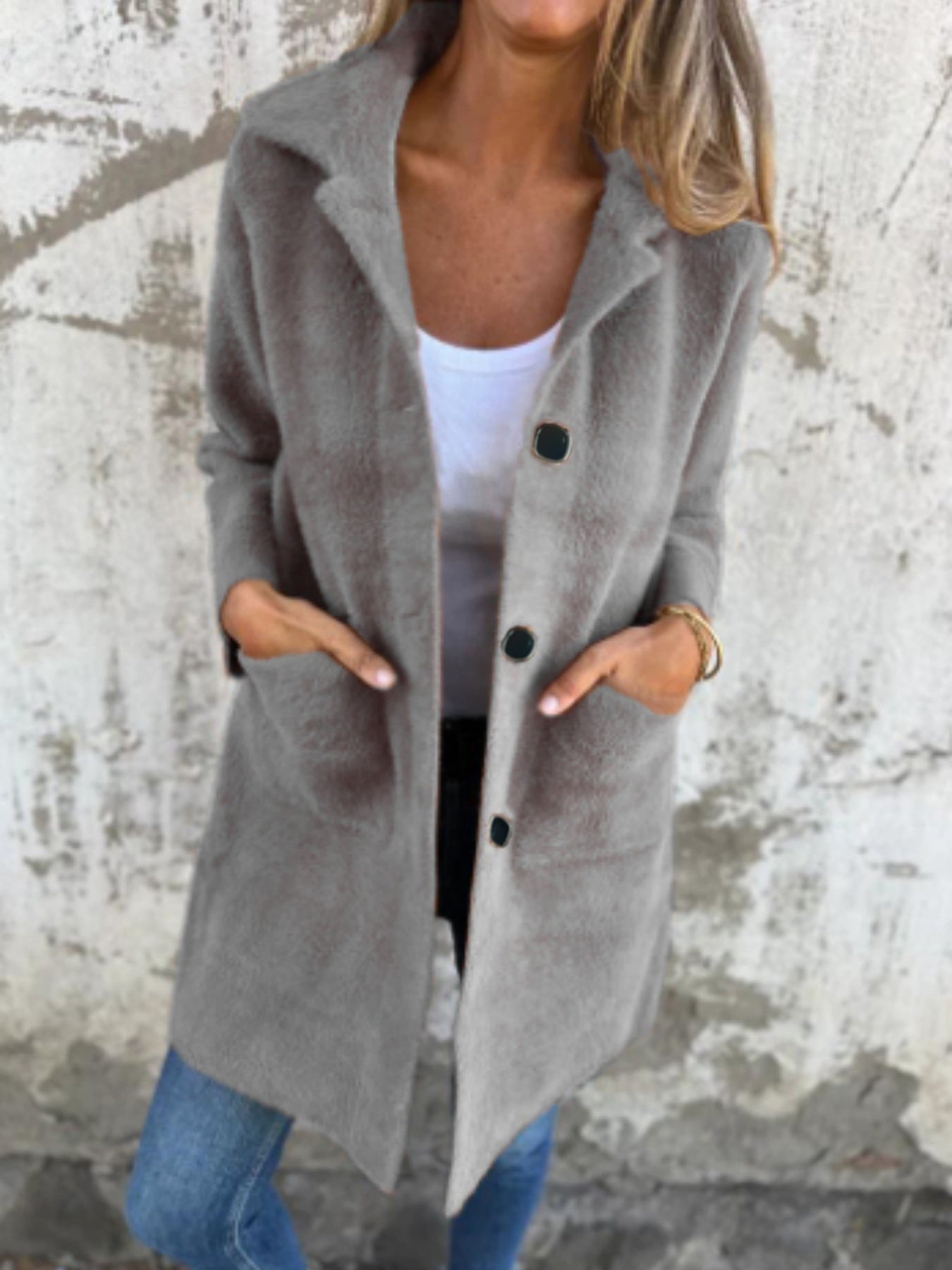 Women's Solid Color Lapel Mid-length Coat